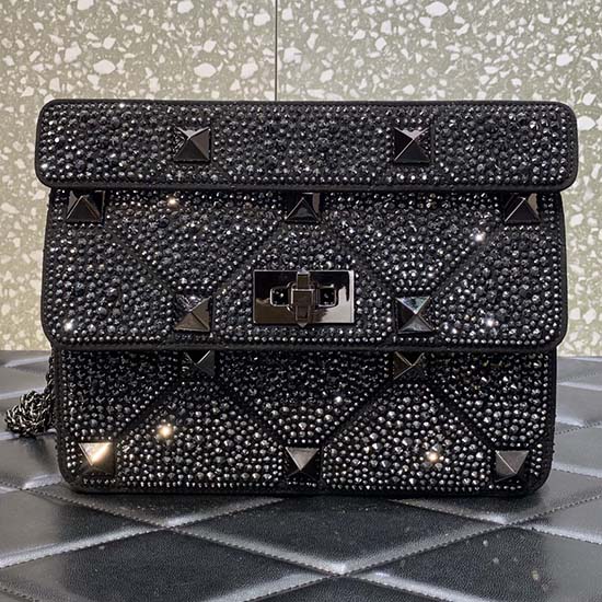 Valentino Sac à Clous Romain Moyen Avec Strass Noir V0082