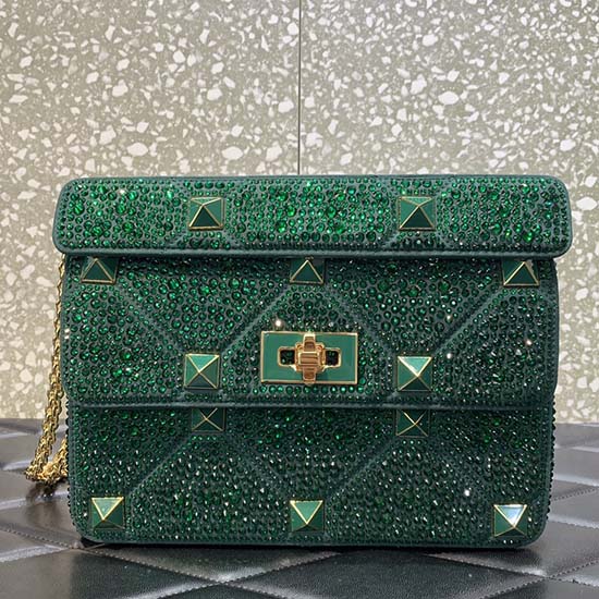 Valentino Sac à Clous Romain Moyen Avec Strass Vert V0082