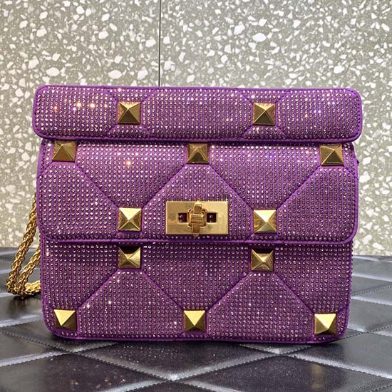 Valentino Sac à Clous Romain Moyen Avec Strass Violet V0082