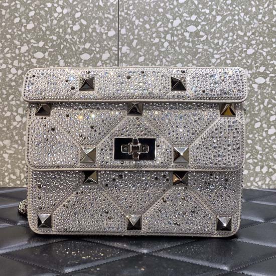 Valentino Sac à Clous Romain Moyen Strass Argent V0082