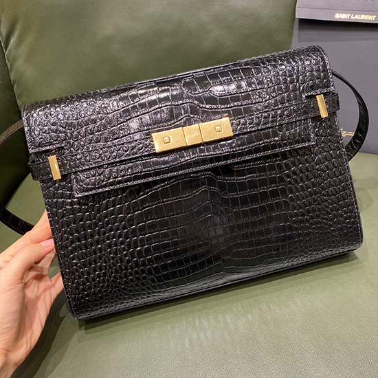 Ysl Sac Bandoulière Manhattan En Or Noir Embossé Crocodile 579271