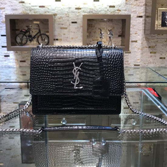 Saint Laurent Naplemente Közepes Fekete Krokodil Dombornyomott Bőr 442906