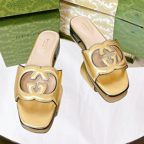 Gucci Gesneden Leren In Elkaar Grijpende G-sandalen Goud Sng051402