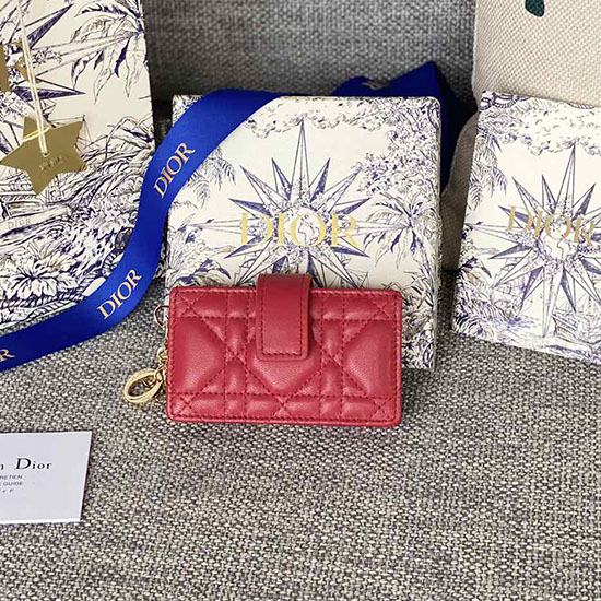 Lady Dior Kaarthouder Van Lamsleer Met Jasmijn Rood S0074