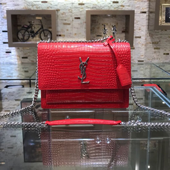 Saint Laurent Zonsondergang Medium In Rood Leer Met Krokodillenreliëf 442906