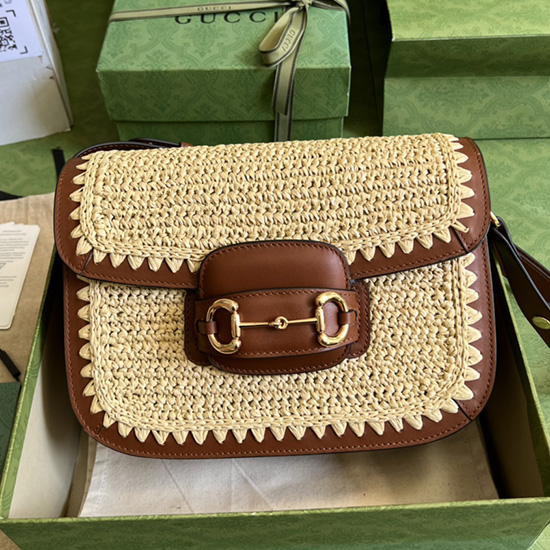 Gucci Horsebit 1955 Heklet Raffia Og Skinn Skulderveske 602204