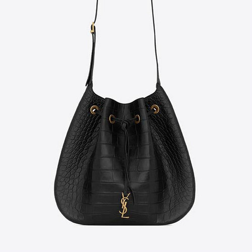 Saint Laurent Crocodile Paris VII Duża Płaska Torba Hobo Czarna 697941