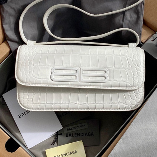 Balenciaga Fofoca Pequena Bolsa De Ombro De Couro Com Relevo De Crocodilo Branco 674693