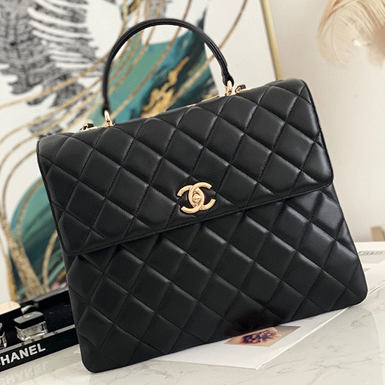 Bolsa Chanel Com Aba De Pele De Cordeiro Com Alça Superior Preta A92237