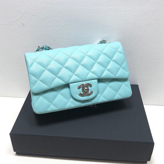 Bolsa Clássica Chanel Grão De Bezerro Pequena Aba Azul Claro Cf1116