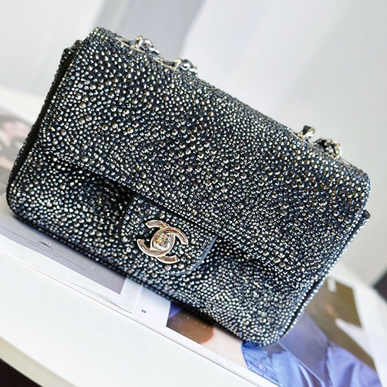 Bolsa De Noite Clássica Chanel Mini Flap Com Cristal Preto As22