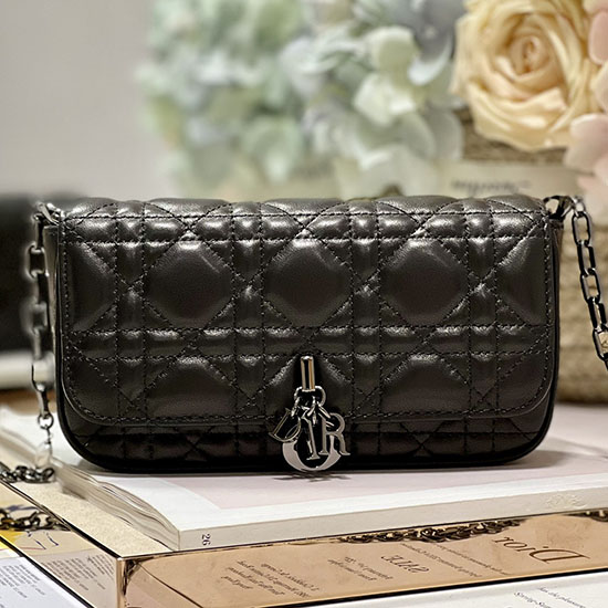 Bolsa De Telefone Lady Dior Preta Com Ferragens Pretas D0977