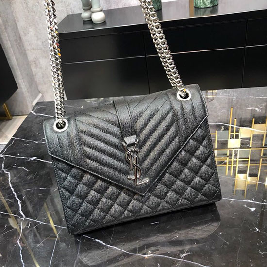 Bolsa Média Envelope Preta Saint Laurent Com Detalhes Prateados 487206