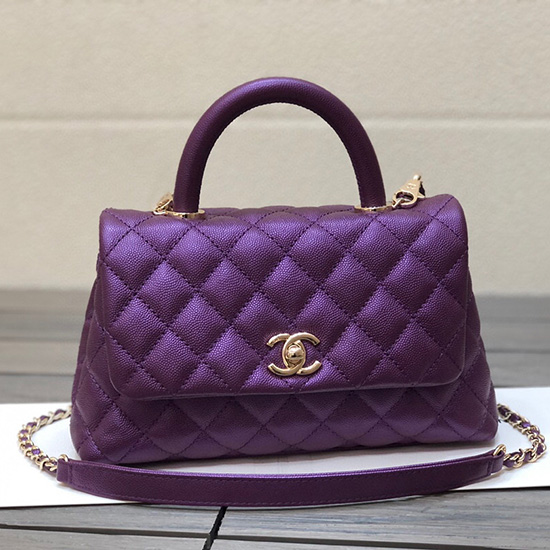 Bolsa Pequena Com Aba Pequena Chanel Com Alça Superior Roxa A92990