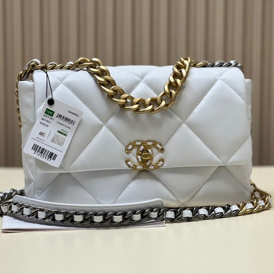 Chanel 19 Bolsa Grande Com Aba De Pele De Cordeiro Branca Com Ouro As1161