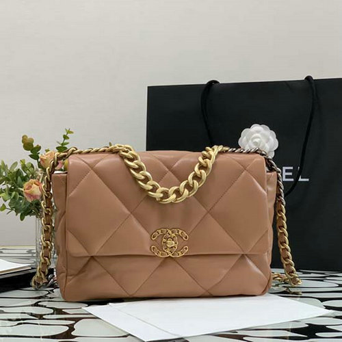 Chanel 19 Bolsa Grande Com Aba De Pele De Cordeiro Camelo Esbranquiçado As1161