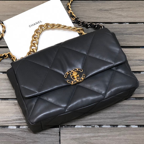 Chanel 19 Bolsa Grande Com Aba De Pele De Cordeiro Cinza As1161