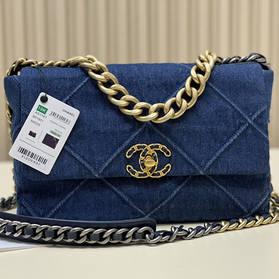 Chanel 19 Bolsa Jeans De Pele De Cordeiro Azul Escuro Com Ouro As1161