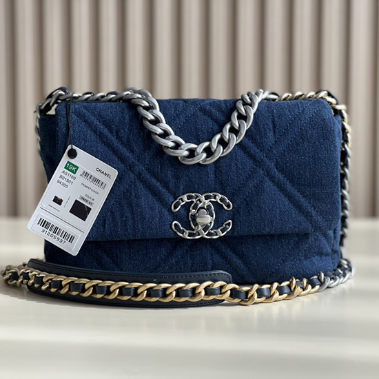 Chanel 19 Bolsa Jeans De Pele De Cordeiro Azul Escuro Com Prata As1160