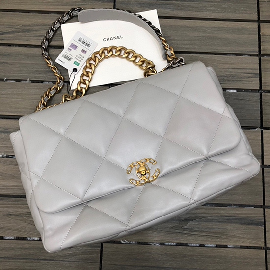 Chanel 19 Bolsa Maxi Com Aba Em Pele De Cordeiro Cinza As1162