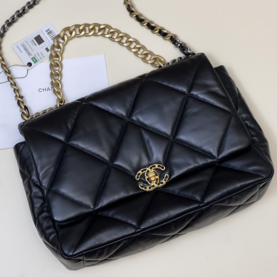 Chanel 19 Bolsa Maxi Com Aba Em Pele De Cordeiro Preta As1162