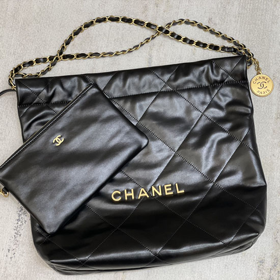 Chanel 22 Bolsa Pequena De Couro De Bezerro Brilhante Preta Com Ouro As3260