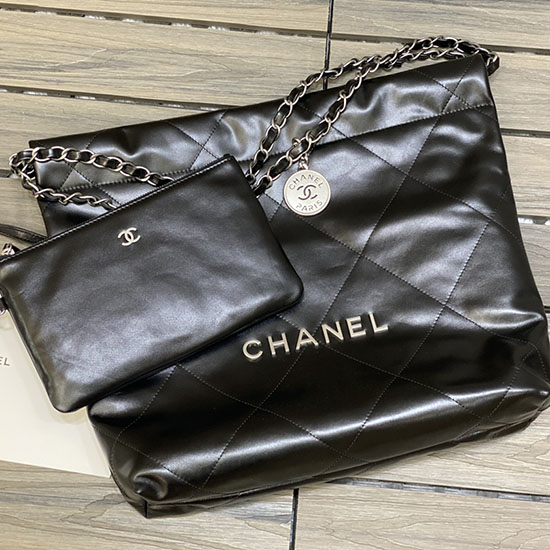 Chanel 22 Bolsa Pequena De Couro De Bezerro Brilhante Preta Com Prata As3260