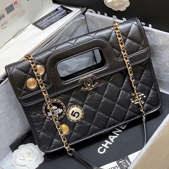 Chanel Bolsa Com Aba De Couro De Bezerro Envelhecida Preta As1430