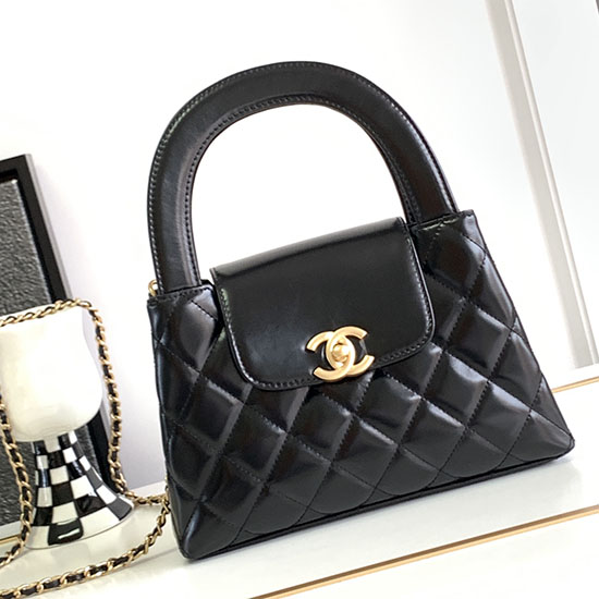 Chanel Bolsa Com Alça Superior Em Couro De Bezerro Brilhante Preto As3970