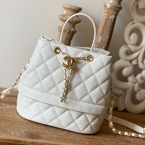 Chanel Bolsa De Couro De Bezerro Granulado Com Cordão Branco As8309