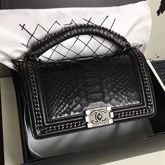 Chanel Bolsa Menino De Couro Cobra Com Alça Superior Preto Prata A14041