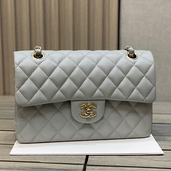 Pequena Bolsa Clássica De Couro De Bezerro Chanel Grão Cinza Cf1117