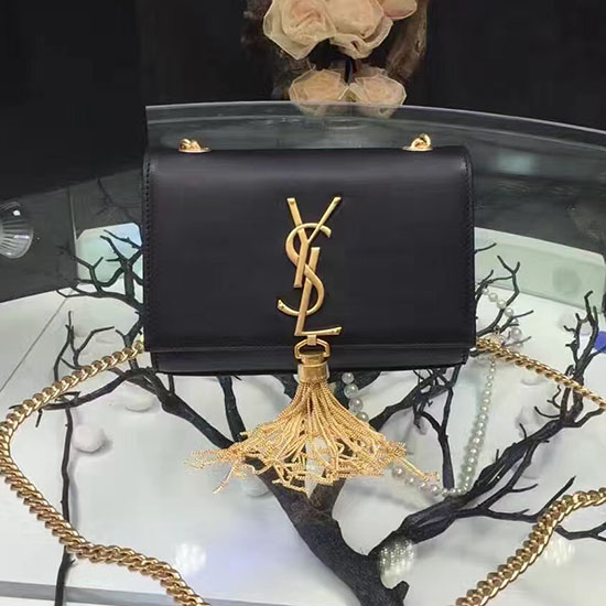 Saint Laurent Bolsa De Ombro Pequena Kate Monograma Com Borla De Couro Liso Preta Y121260