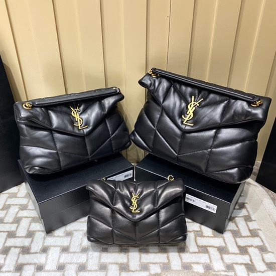 Saint Laurent Loulou Puffer Bolsa Média Preta Com Ouro 577475