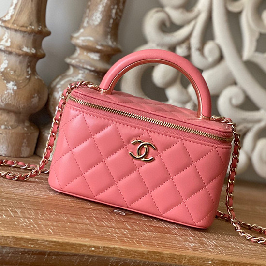 Vaidade De Pele De Cordeiro Chanel Com Corrente Rosa A81208