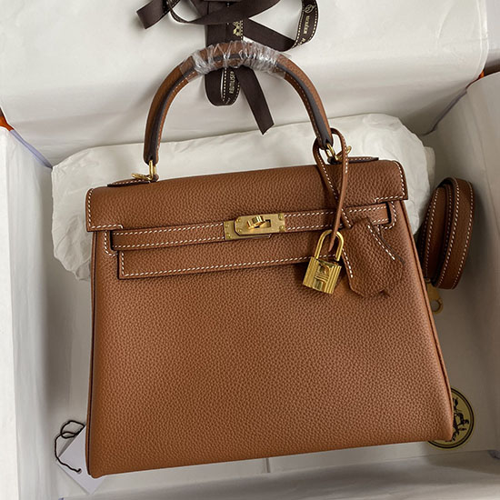 Hermes Togo Läder Kelly Väska Gyllenbrun Hkt0408