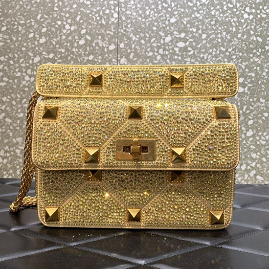 Valentino Medium Strass Romersk Dubbväska Guld V0082