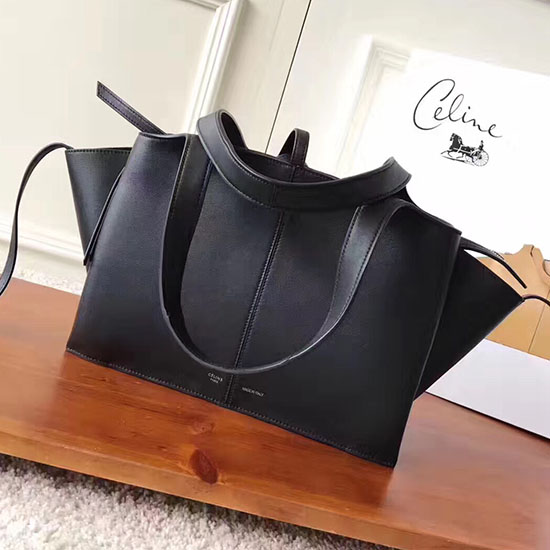 Celine Medium Tri พับกระเป๋าสะพายหนังลูกวัวเรียบสีดำ 030402