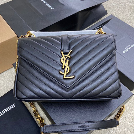 Saint Laurent Medium Matelasse Leather College Bag สีดำทอง 392737