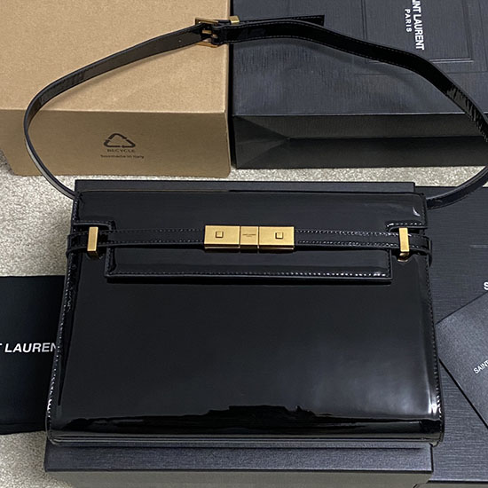 Saint Laurent กระเป๋าสะพายไหล่สิทธิบัตรแมนฮัตตันสีดำ 579271