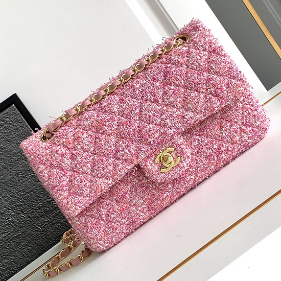 กระเป๋า Chanel ผ้าทวีตขนาดกลาง สีชมพู A1112